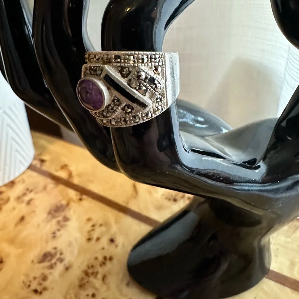 Sterling Amethyst Onyx & Marcasite Wide Band Ring Marked 925 w Makers Mark.